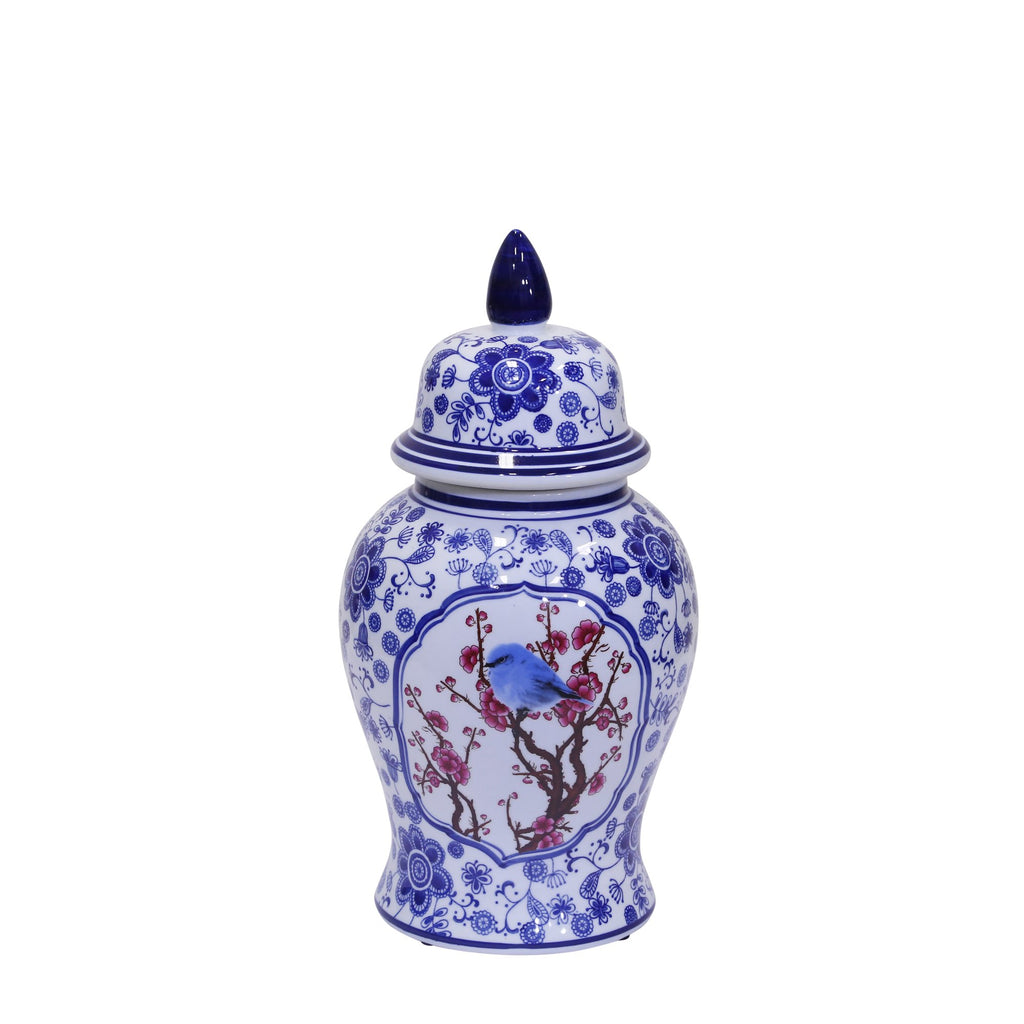 Blue/White Bird Temple Jar 17"