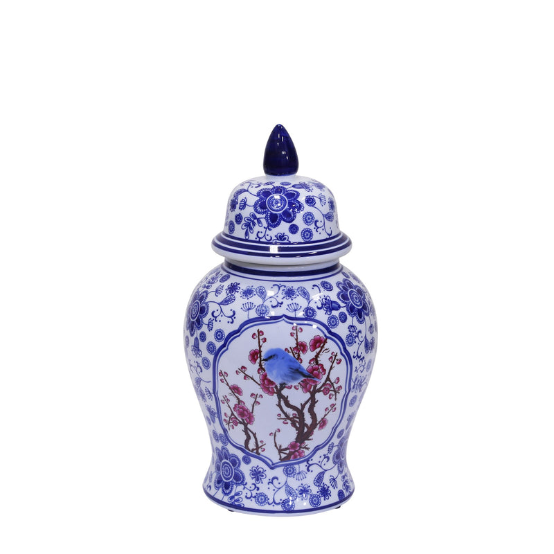 Blue/White Bird Temple Jar 17"