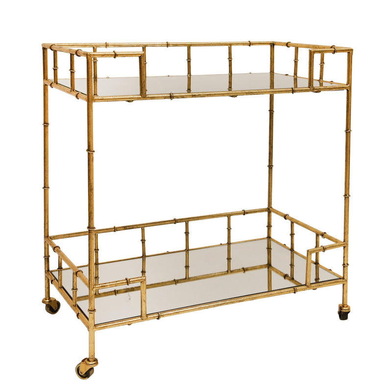 2-Tier Gold Metal Bar Cart, Mirrored Top