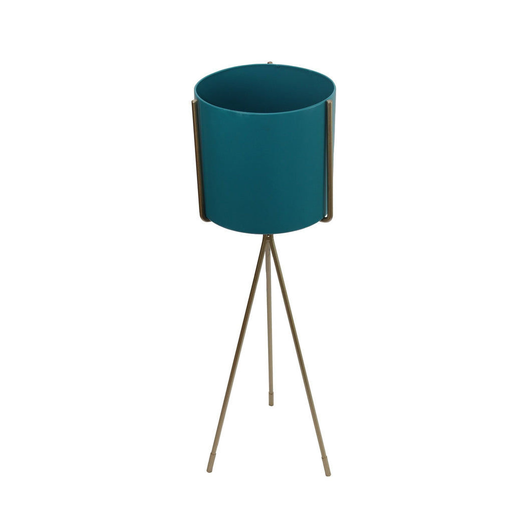 Light Teal Metal Planter On Gold Tripod