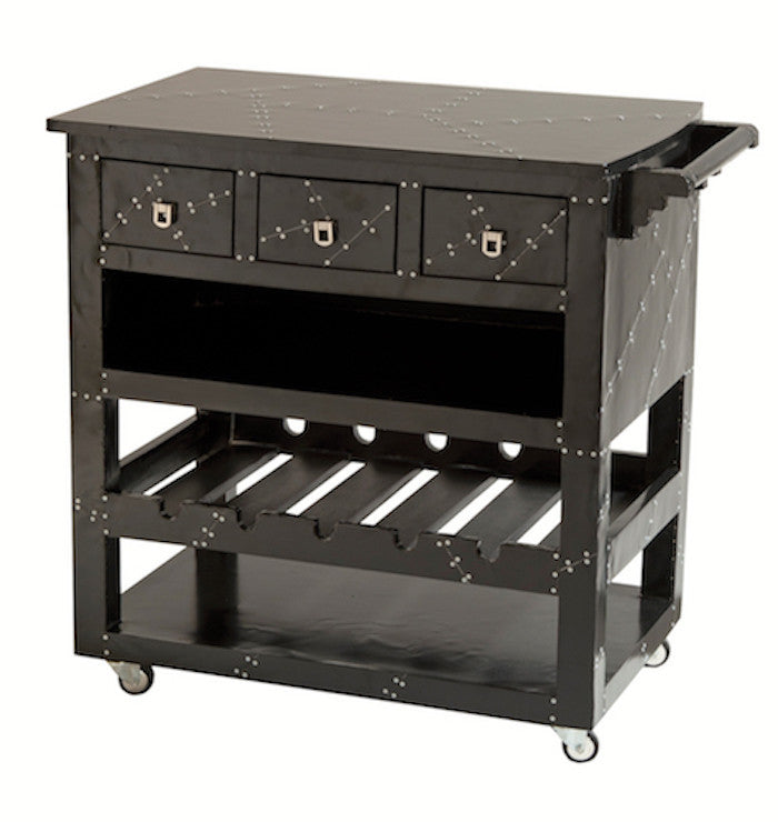 12992 - Zeppelin Black Aluminum Wine Cart - Free Shipping!, Wine Cabinets/Carts/Racks, Stein World, - ReeceFurniture.com - Free Local Pick Ups: Frankenmuth, MI, Indianapolis, IN, Chicago Ridge, IL, and Detroit, MI