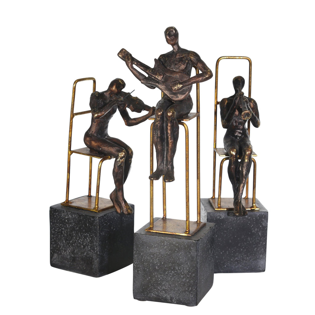 Set/3 Polyresin Musicians On Base, Black/Gold