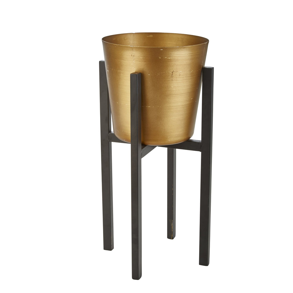 Gold Metal Planter, Black Stand 18.5"