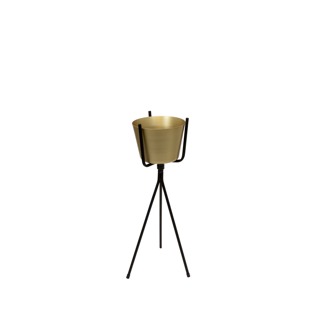 Gold Metal Planter, Black Tripod 23.75"