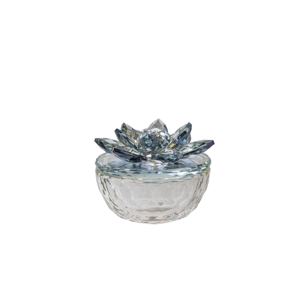 Glass Trinket Box Clear W/Lt Blue Lotus Top