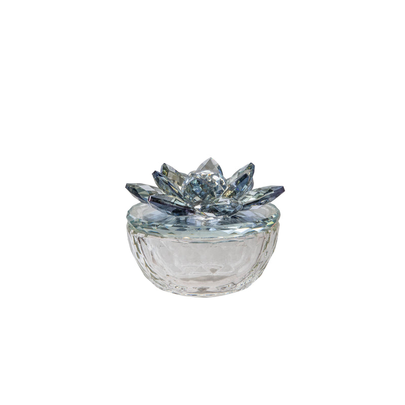 Glass Trinket Box Clear W/Lt Blue Lotus Top