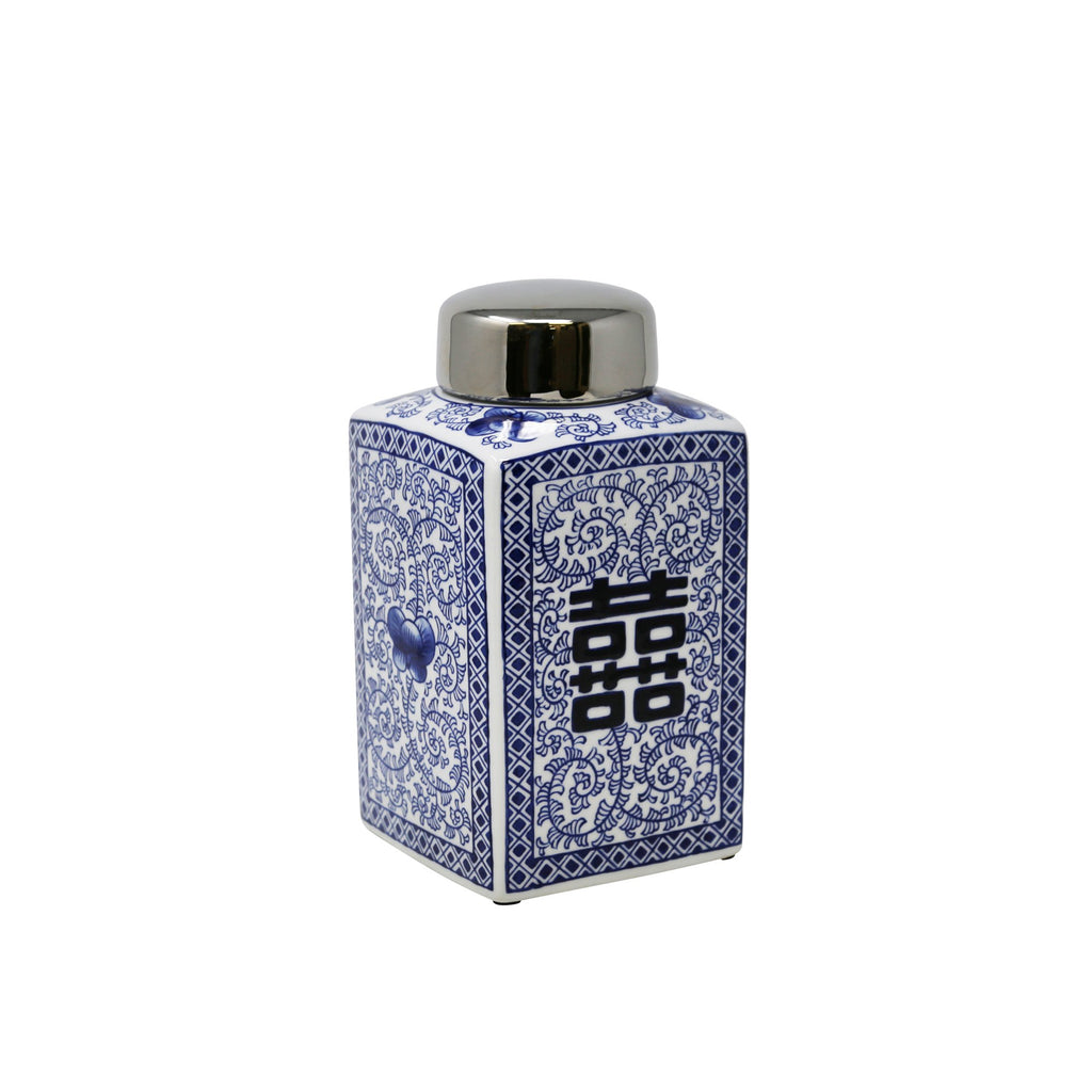 Square White/Blue/Silver Jar 10"