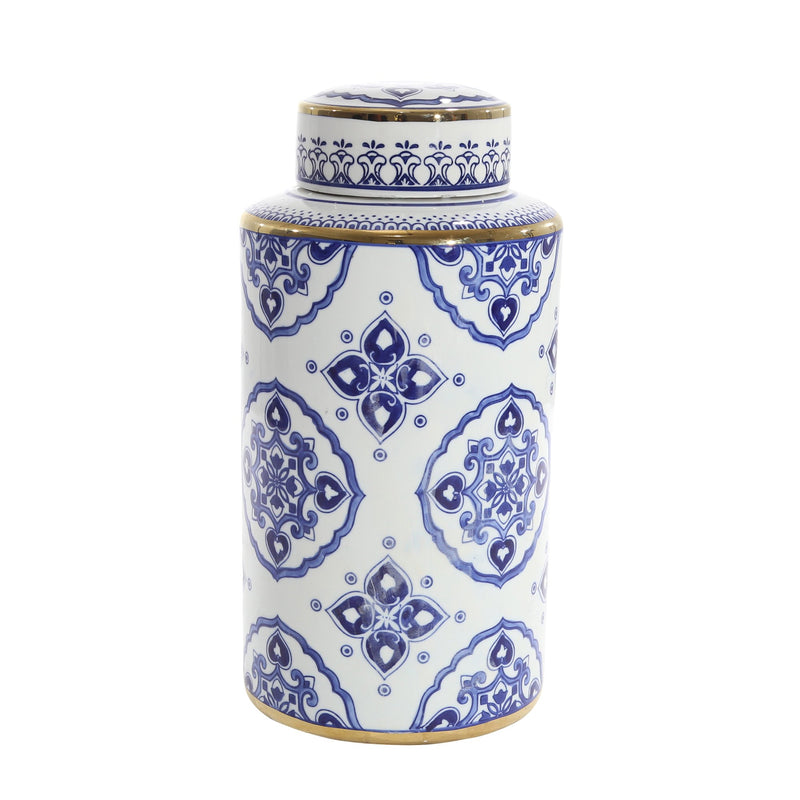White/Blue Jar W/ Gold Detail, 16"