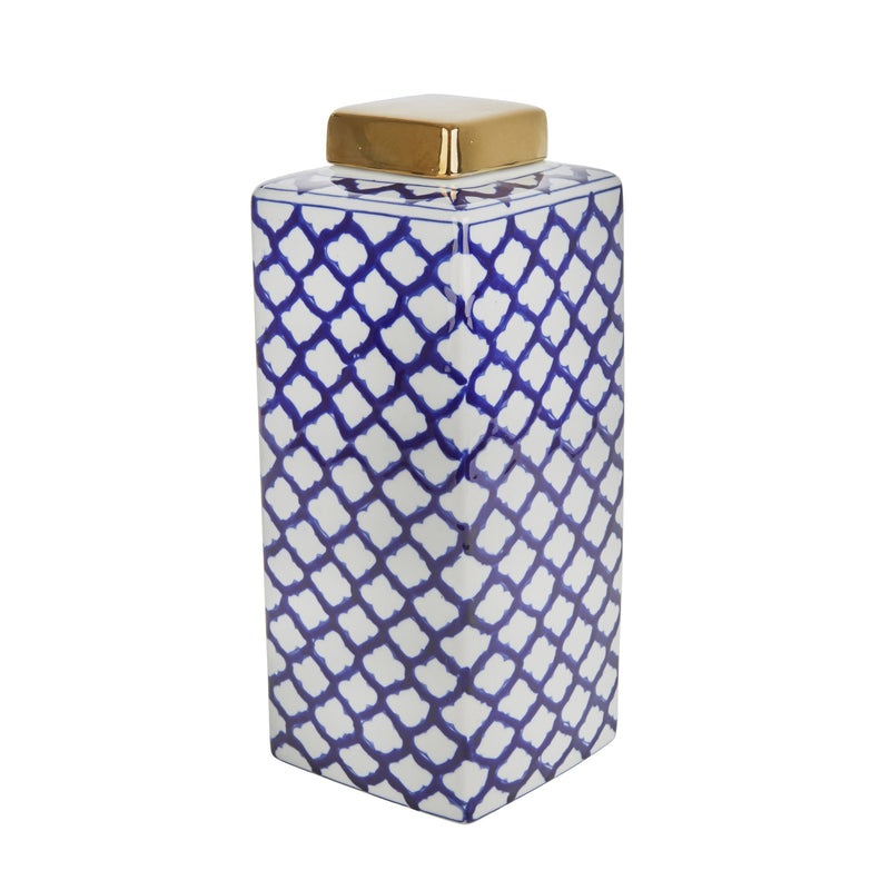 Square White/Blue Jar W/ Gold Lid, 16"