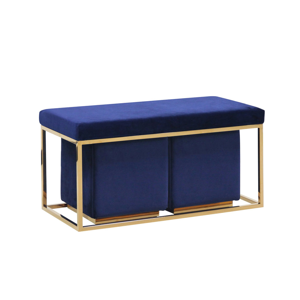 S/3 Blue/Gold Velveteen Bench/Stools Kd