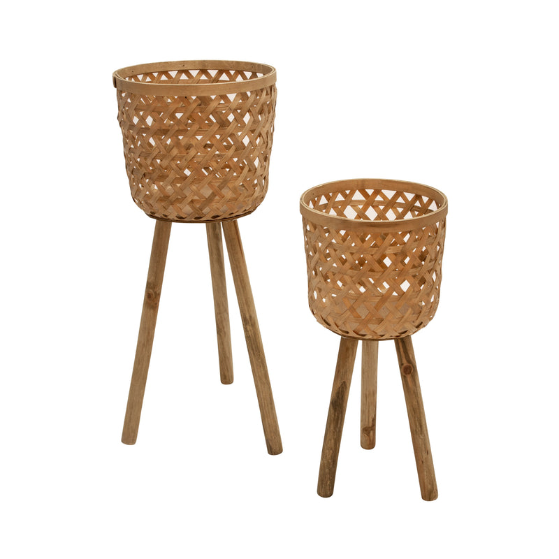 S/2 Bamboo Planters On Stand,Natural