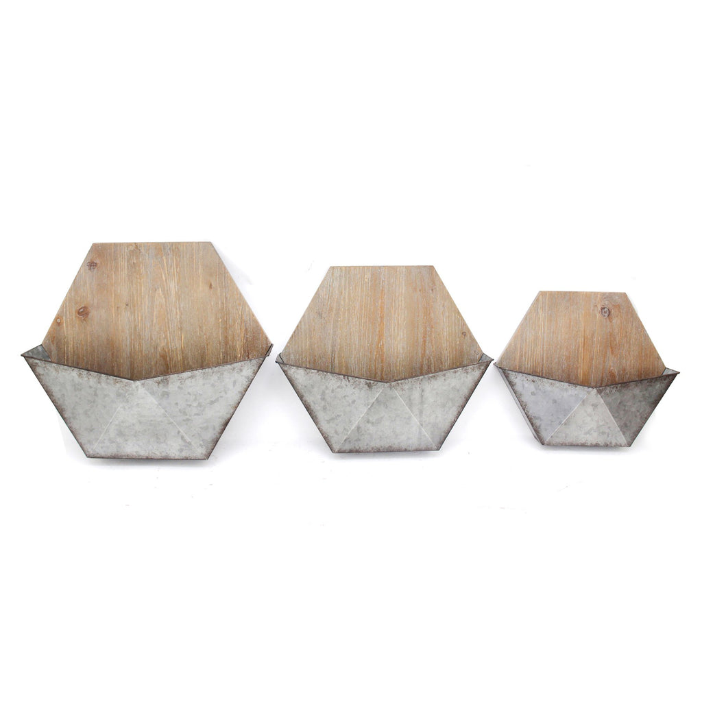 S/3 Wood/Silver Wall Planters
