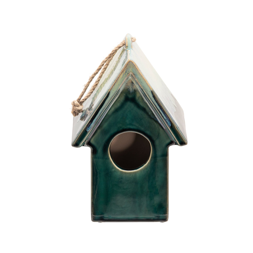 Ceramic 9.5" Deco Bird House,Green