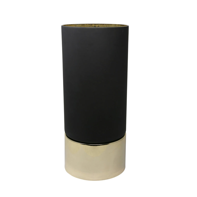 18.75" Glass Hurricane W/Metal Base, Black/Gold
