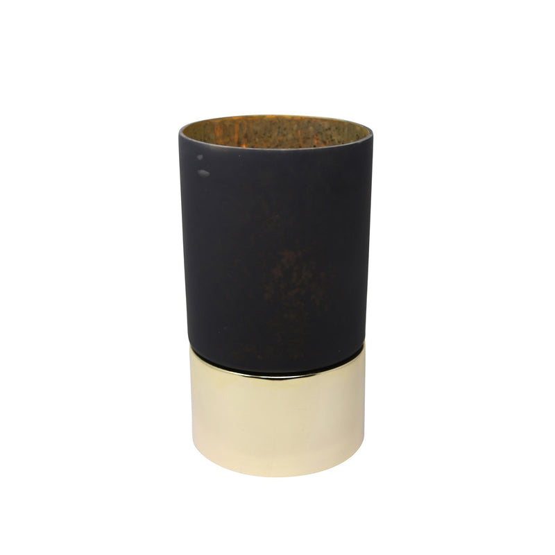 14" Glass Hurricane W/Metal Base, Black/Gold