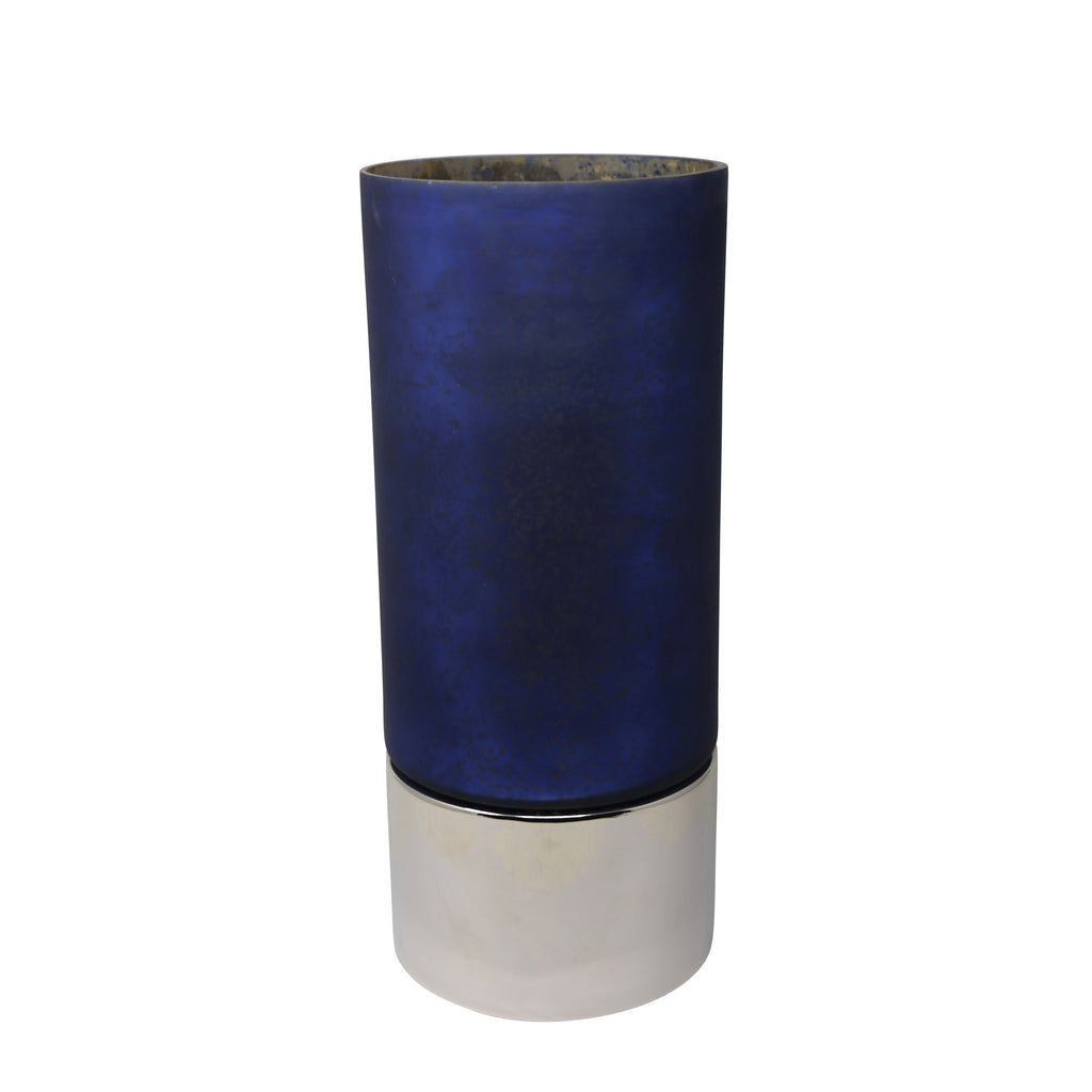 18.75" Glass Hurricane W/Metal Base, Blue/Silver