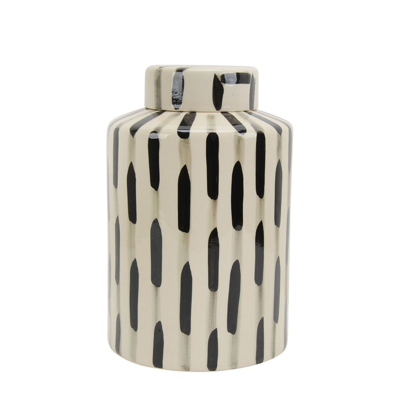 Ceramic Jar W/ Lid 13.5", Black/White