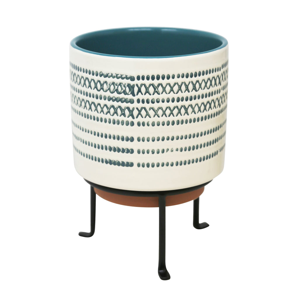 Ceramic 6.75" Planter On Stand Blue Stripe