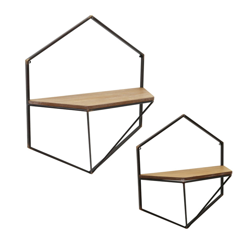 S/2 Metal / Wood Wall Shelves,Brown