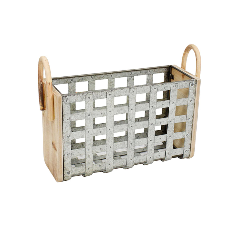 Tin & Wood Woven Basket, Gray