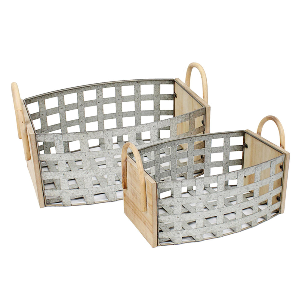S/2 Tin & Wood Woven Baskets, Gray
