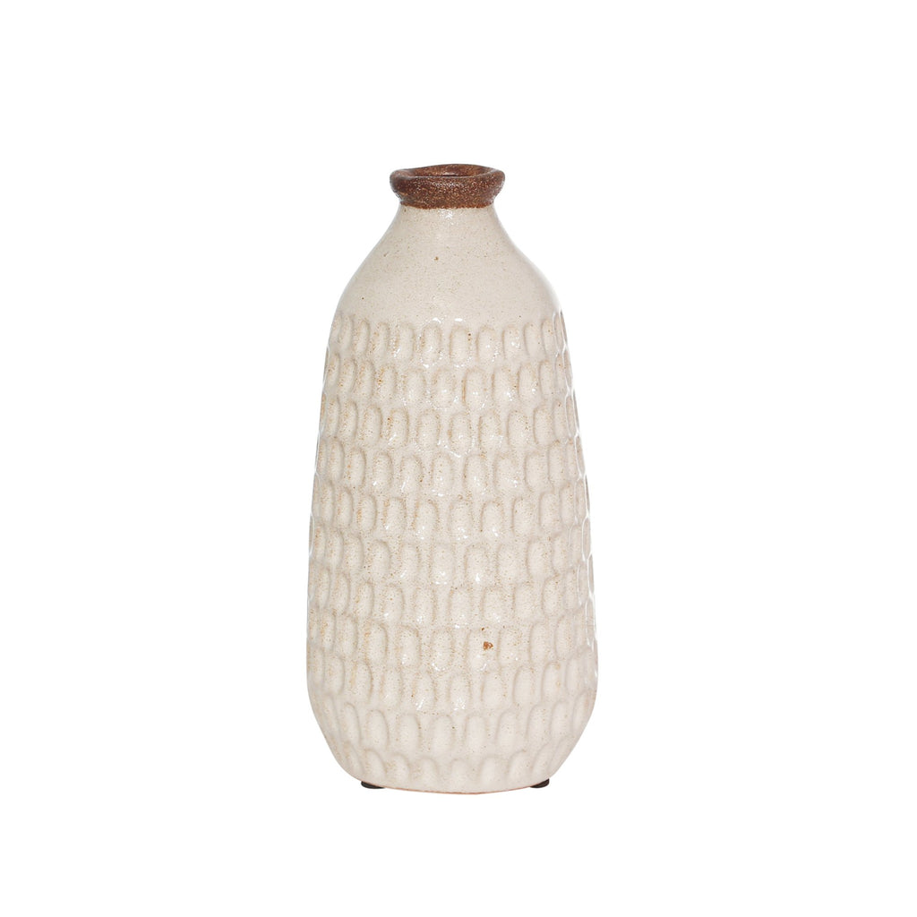 Ceramic 9.25" Hammered Vase, I Ivory