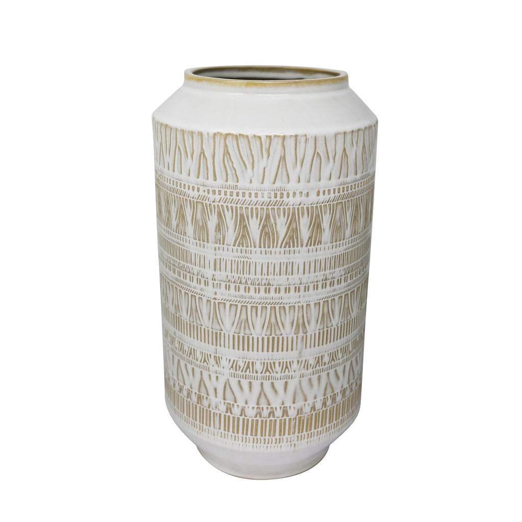 Ceramic 13.75" Tribal Look Vase, Beige