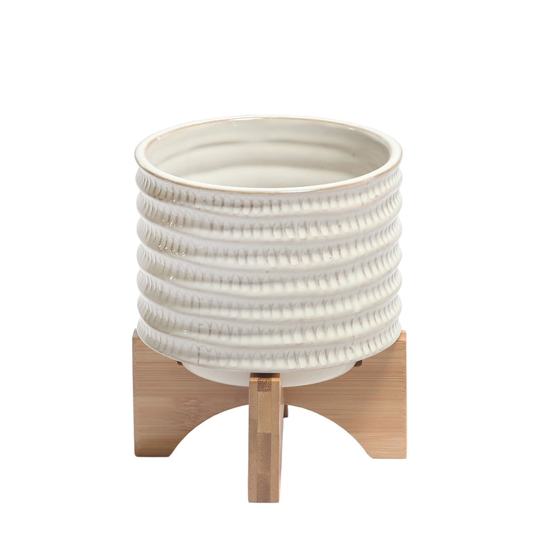 Ceramic 7" Flower Pot W/ Wooden Stand