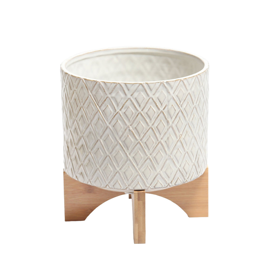 Ceramic 9" Flower Pot W/ Wooden Stand