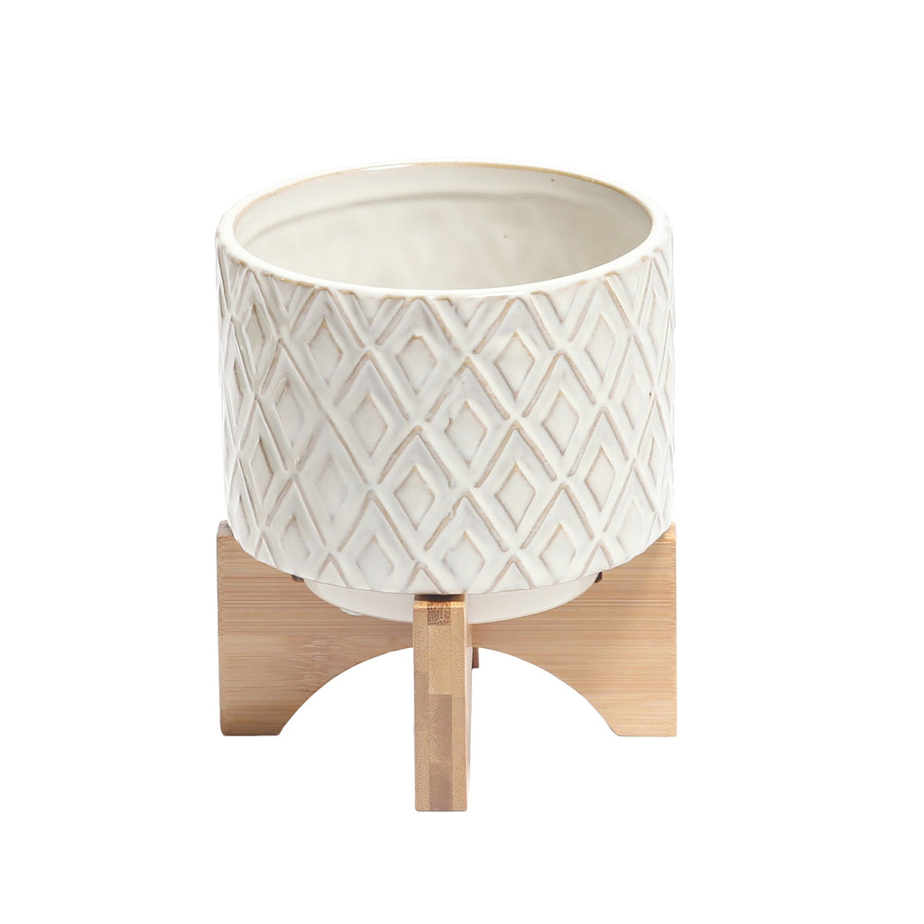 Ceramic 7" Flower Pot W/ Wooden Stand