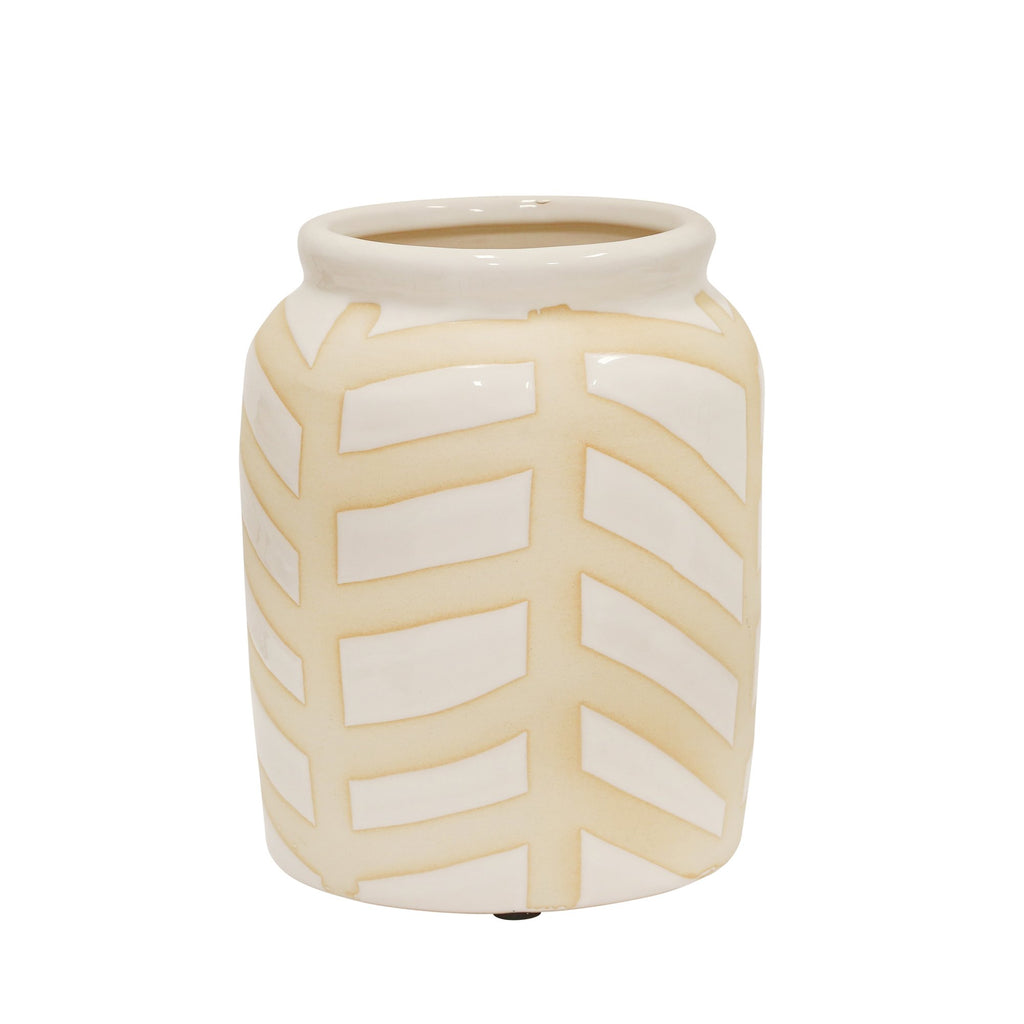 Ceramic Chevron Vase 8.5", White/Beige