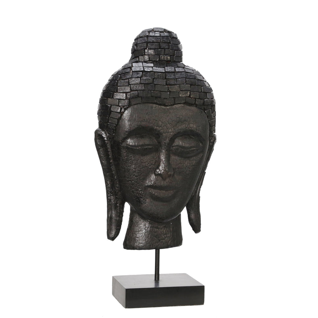 Mango Wood17" Buddha Mask On Stand, Black