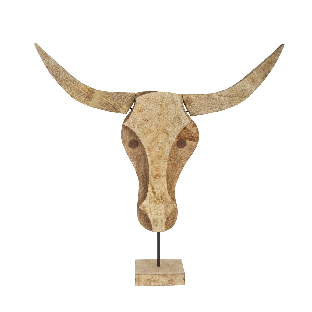 Mango Wood 25" Bull Head On Stand, Brown
