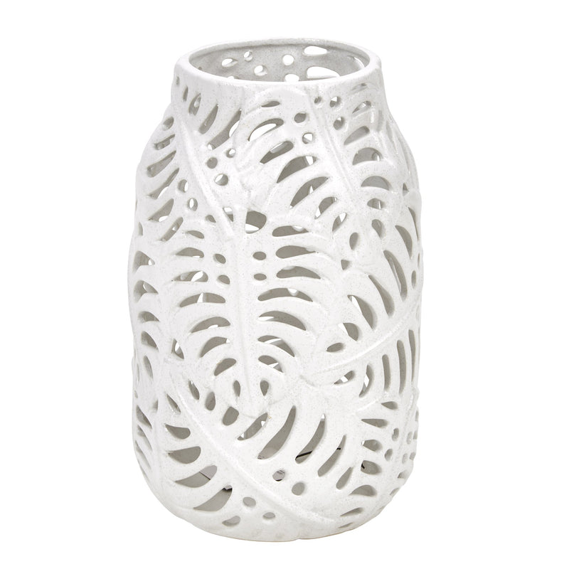 Ceramic 13" Fern Cutout Vase,Matte White