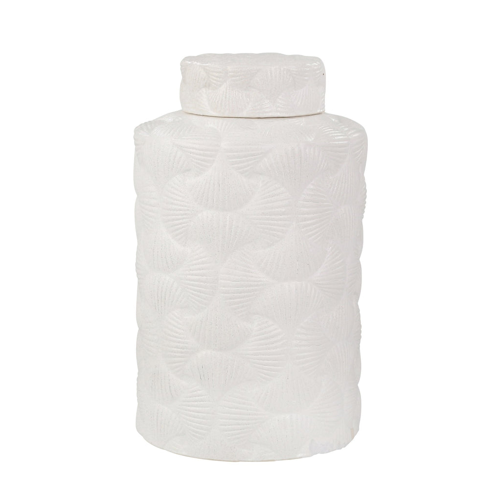 Ceramic 16" Shell Embossed Covered Jar, Matte White