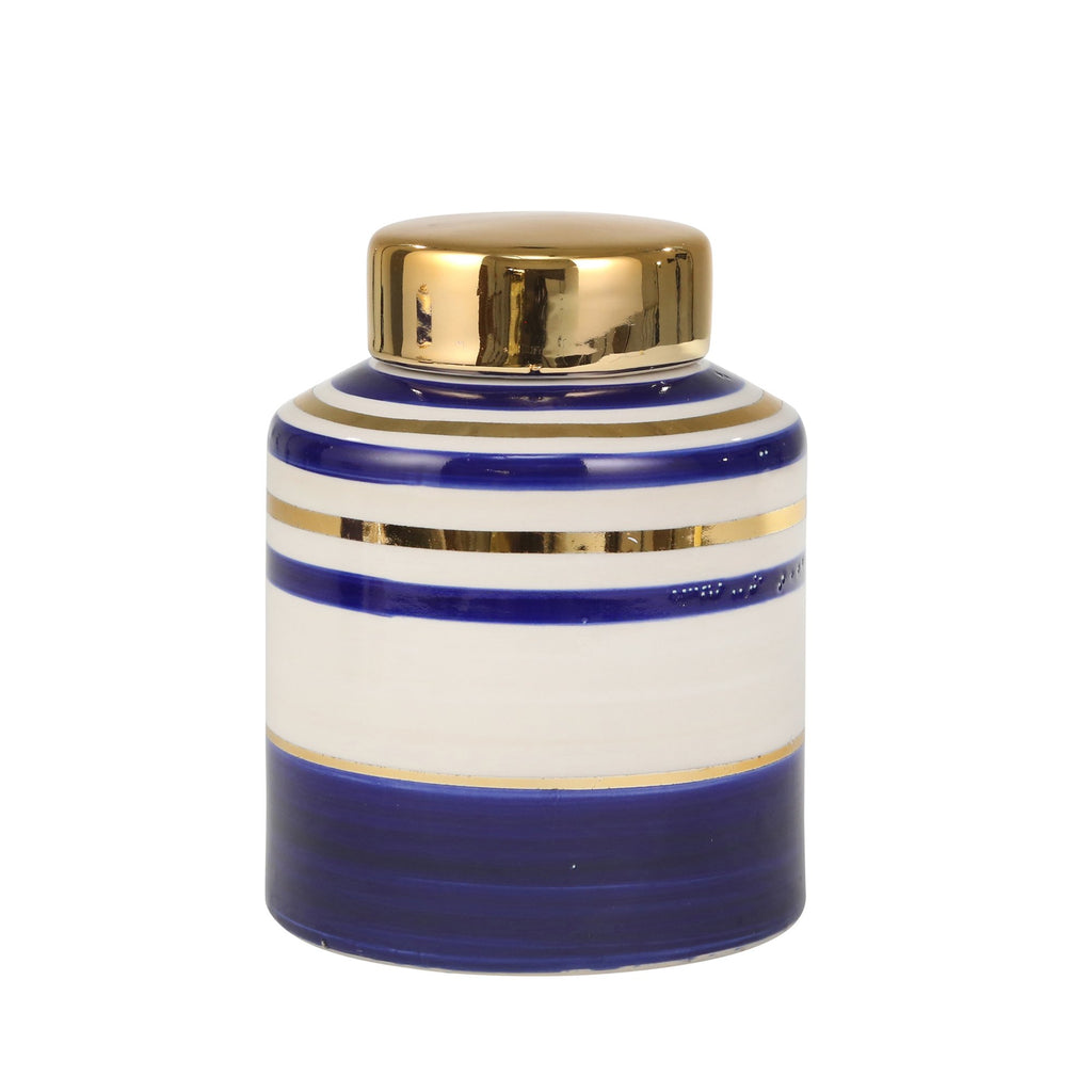Ceramic 9" Covered Jar, Blue/Gold