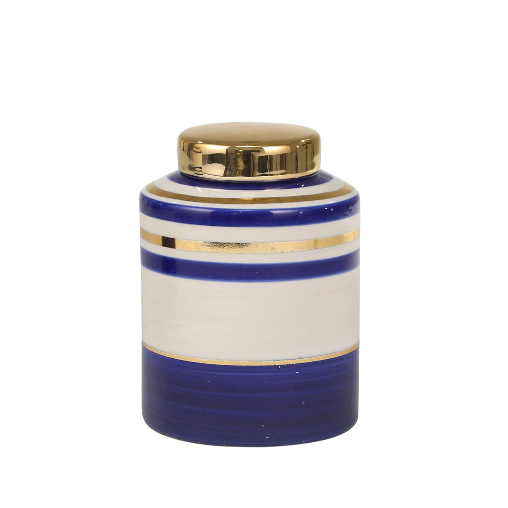 Ceramic 7" Covered Jar, Blue/Gold