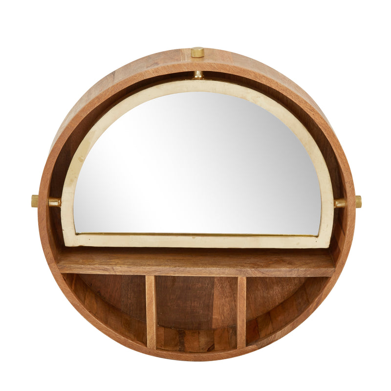 Wood/ Iron 26" Wall Mirror With Shelves, Brown