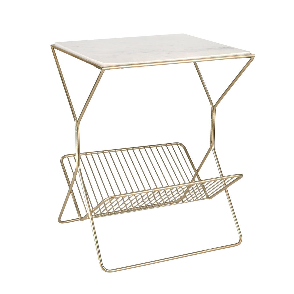 Iron 22" Rectangular Marble Table W/ Magazine Rack, Gold