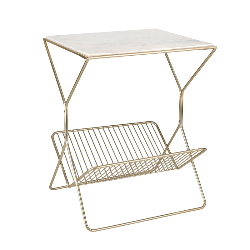 Iron 22" Rectangular Marble Table W/ Magazine Rack, Gold