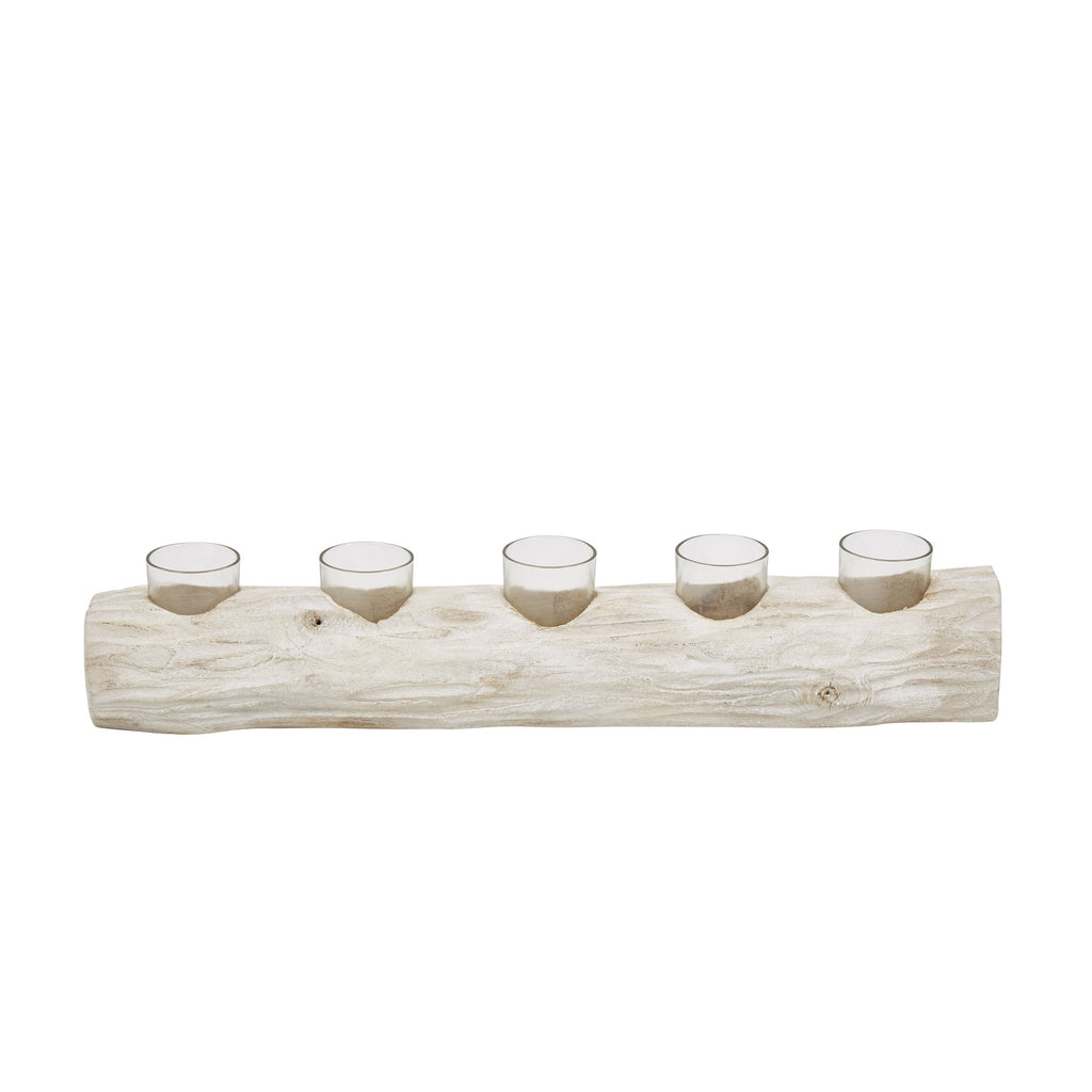 Wood 23.25" Log 5 Cup Tea Light Holder, White Wash