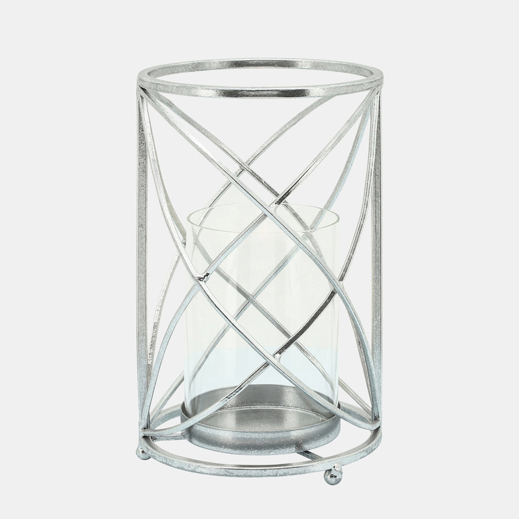 Metal 10" Hurricane Candle Holder, Silver
