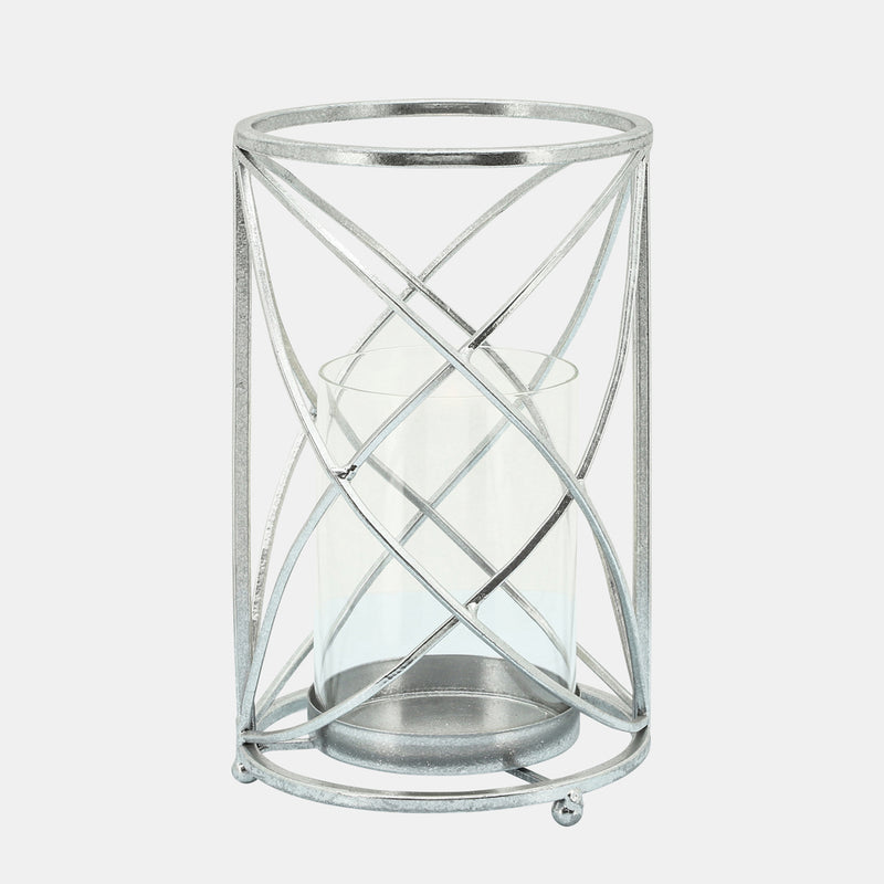 Metal 10" Hurricane Candle Holder, Silver