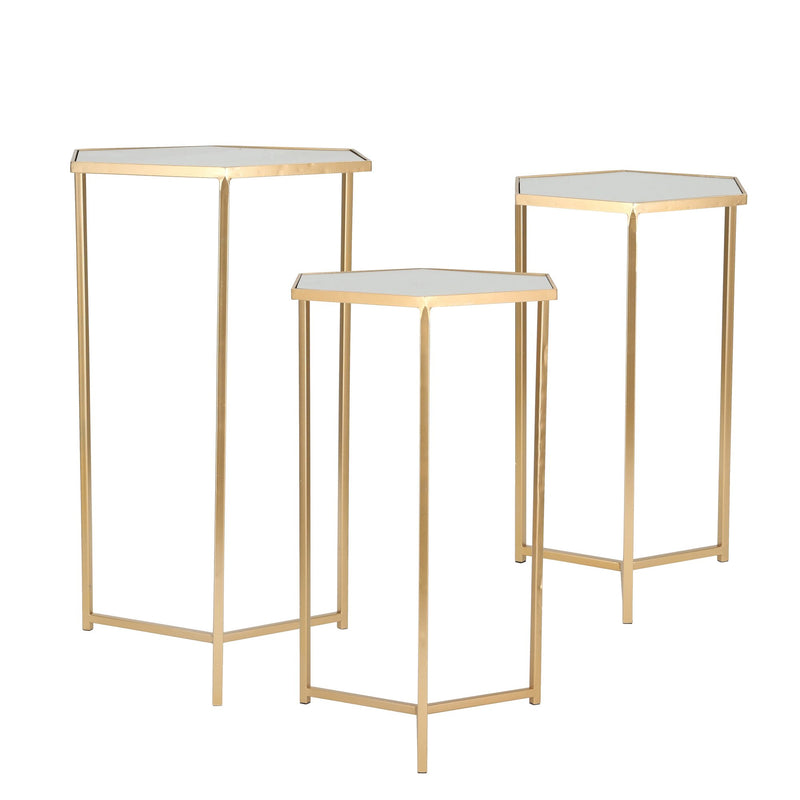 S/3 Metal/Mirror 28/25/22" Hexagonal Accent Tables, Gold