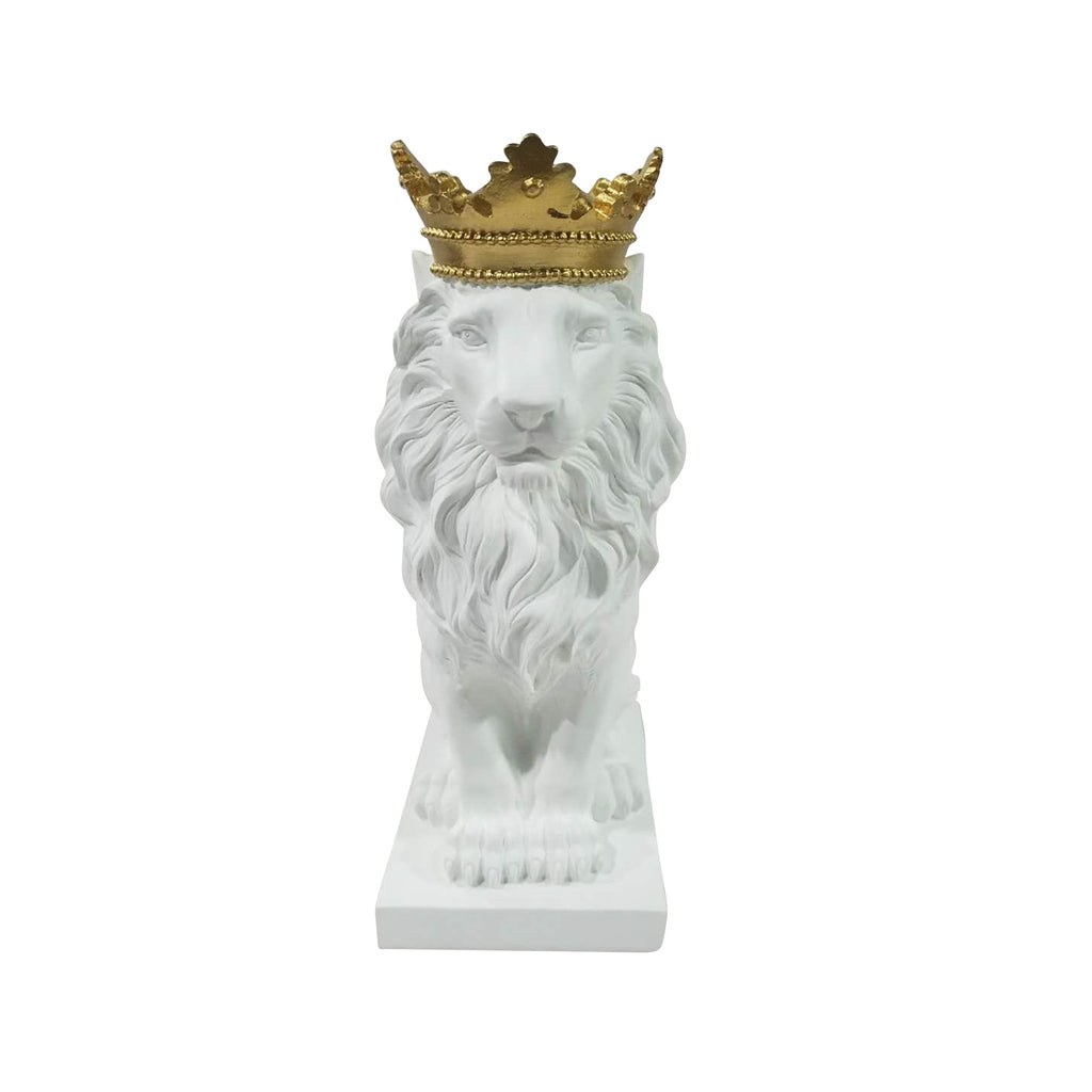 Polyresin 14" Lion Figurine W/Crown, White