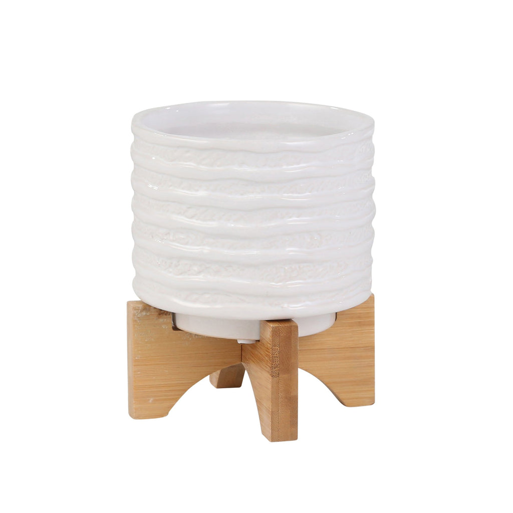 Ceramic 7" Planter On Stand, White Stripe