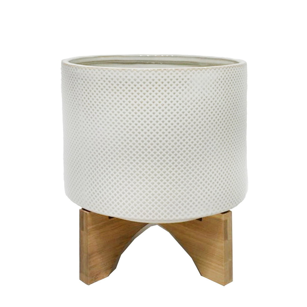 Ceramic 9" Planter On Stand, White/Tan Dot