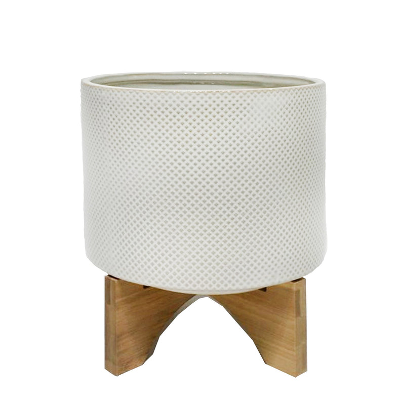 Ceramic 9" Planter On Stand, White/Tan Dot