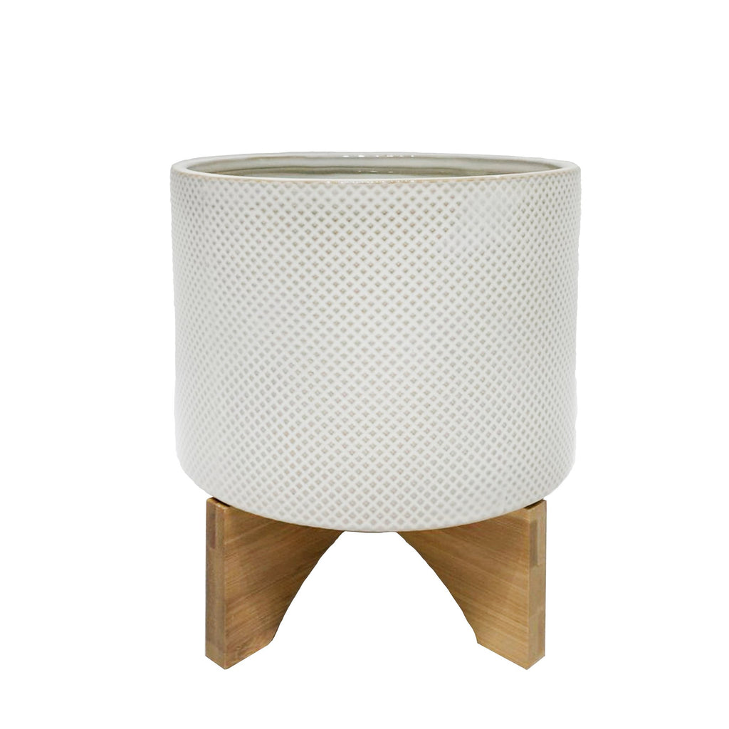 Ceramic 7" Planter On Stand, White /Tan Dot