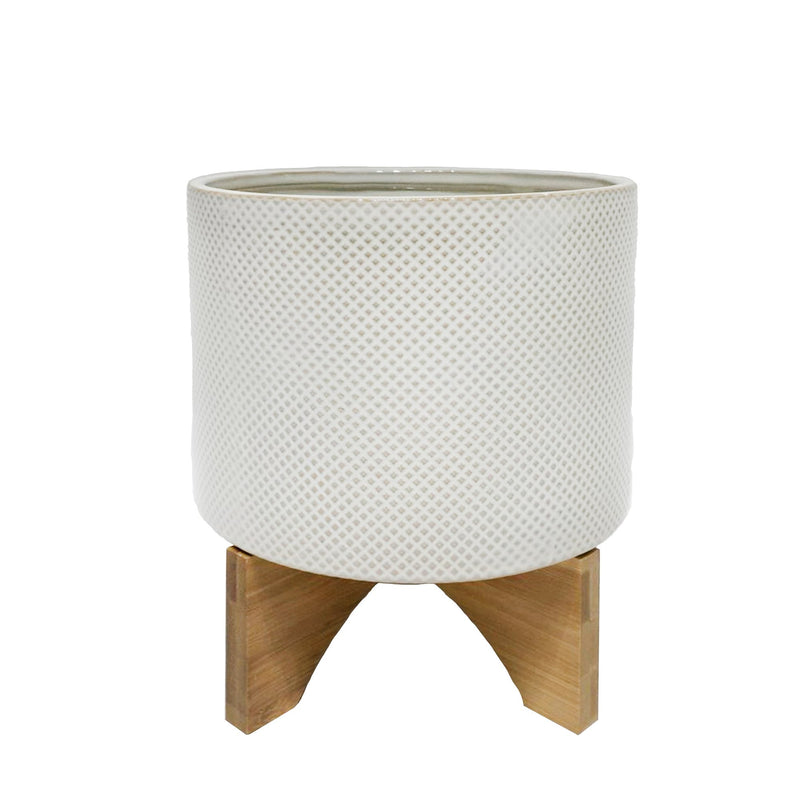 Ceramic 7" Planter On Stand, White /Tan Dot